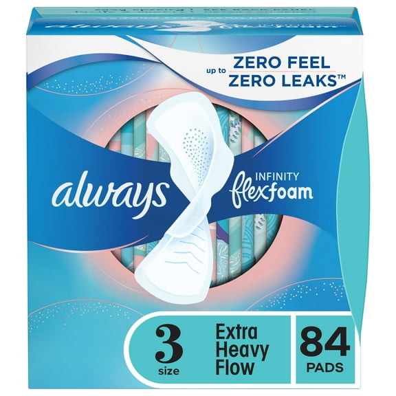 Always Infinity Feminine Pads for Women, Size 3, Extra Heavy Flow, with Wings, Unscented, 84 Ct