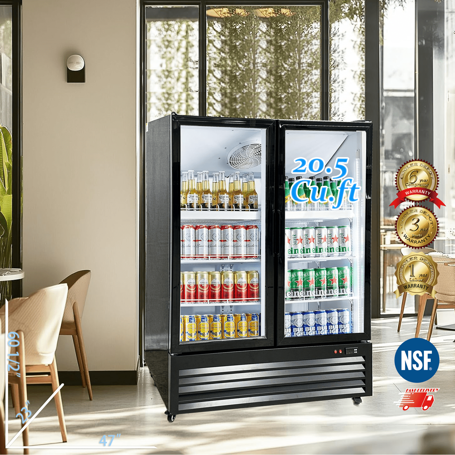 Cooler Depot 47 inchs 20.5 cu.ft, Commercial Merchandiser Refrigerator,2 Glass Door, NSF Certified.