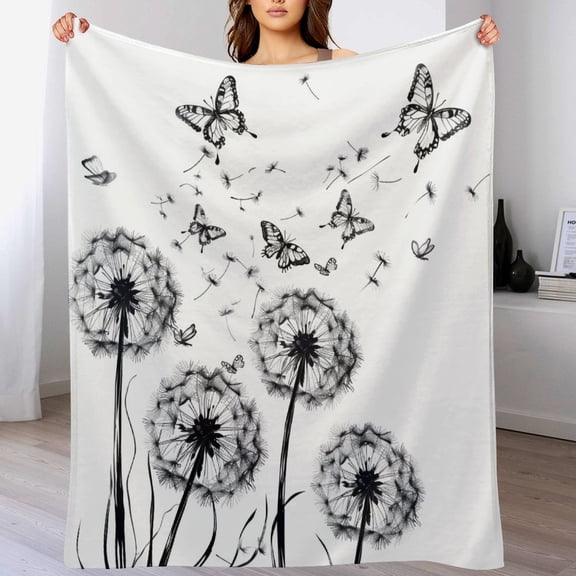 Throw Blanket Dandelions With Butterflies Luxury Velvet Super Soft Floral Antique Botanical Flannel Winter Blanket for Winter Bedding Couch And Gift for Adults And Kids 50"x60"