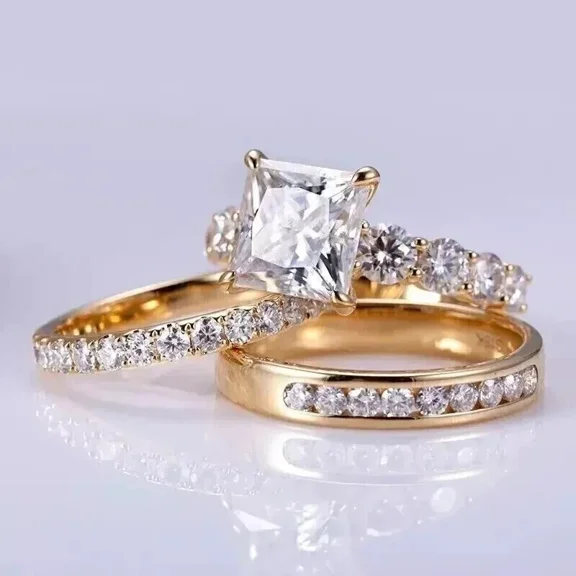 Bridal 3.00TCW Princess Cut Lab Created Diamond Wedding Trio Ring Set in 14K Yellow Gold Plated