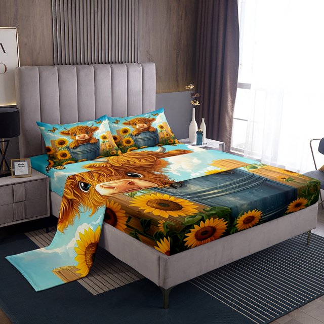 Erosebridal Cute Cow Bed Sheets Set Full Size, Rustic Animal Bed Sheets Full, Sunflower Decor , 4-Piece