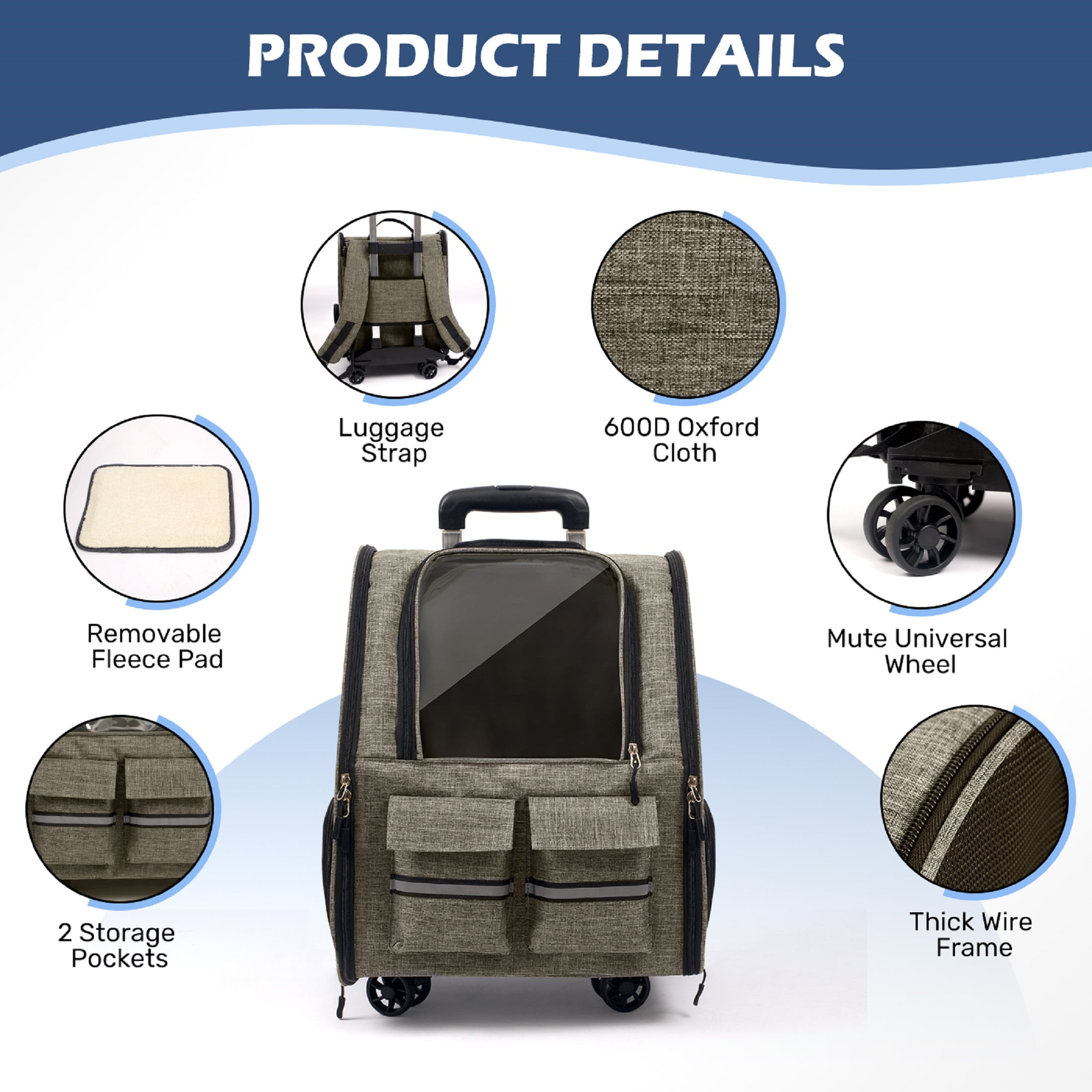 Portable and Breathable Pet Trolley Case Large Capacity Pet Air Case Going Out Dog Cat Suitcase, Brown