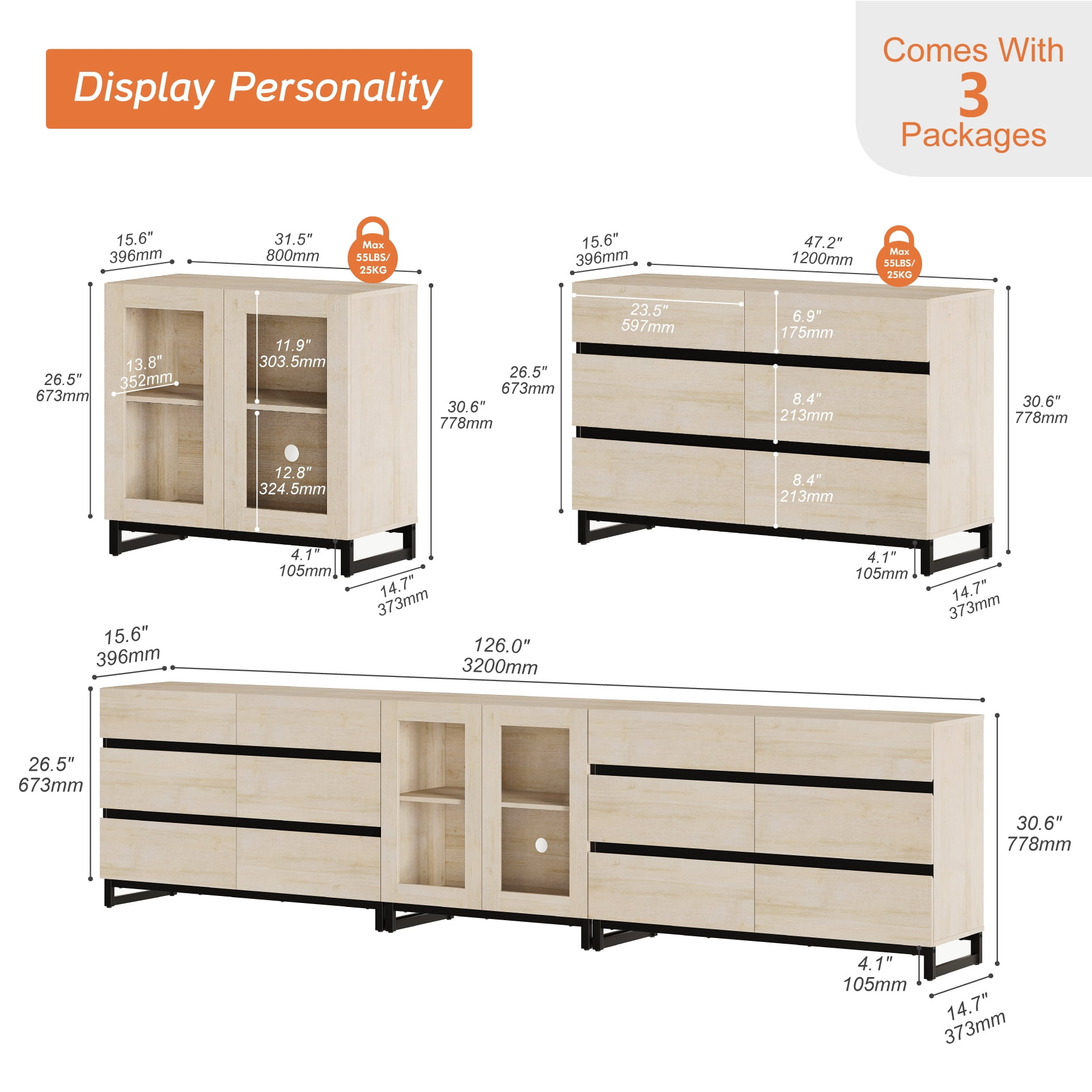 3-In-1 Multifunctional Sideboard Buffet with 12 Drawers, Modern Tempered Glass Door Credenza with Adjustable Shelf & Metal Base, Freestanding Coffee Bar Storage Cabinet for Kitchen Living Room