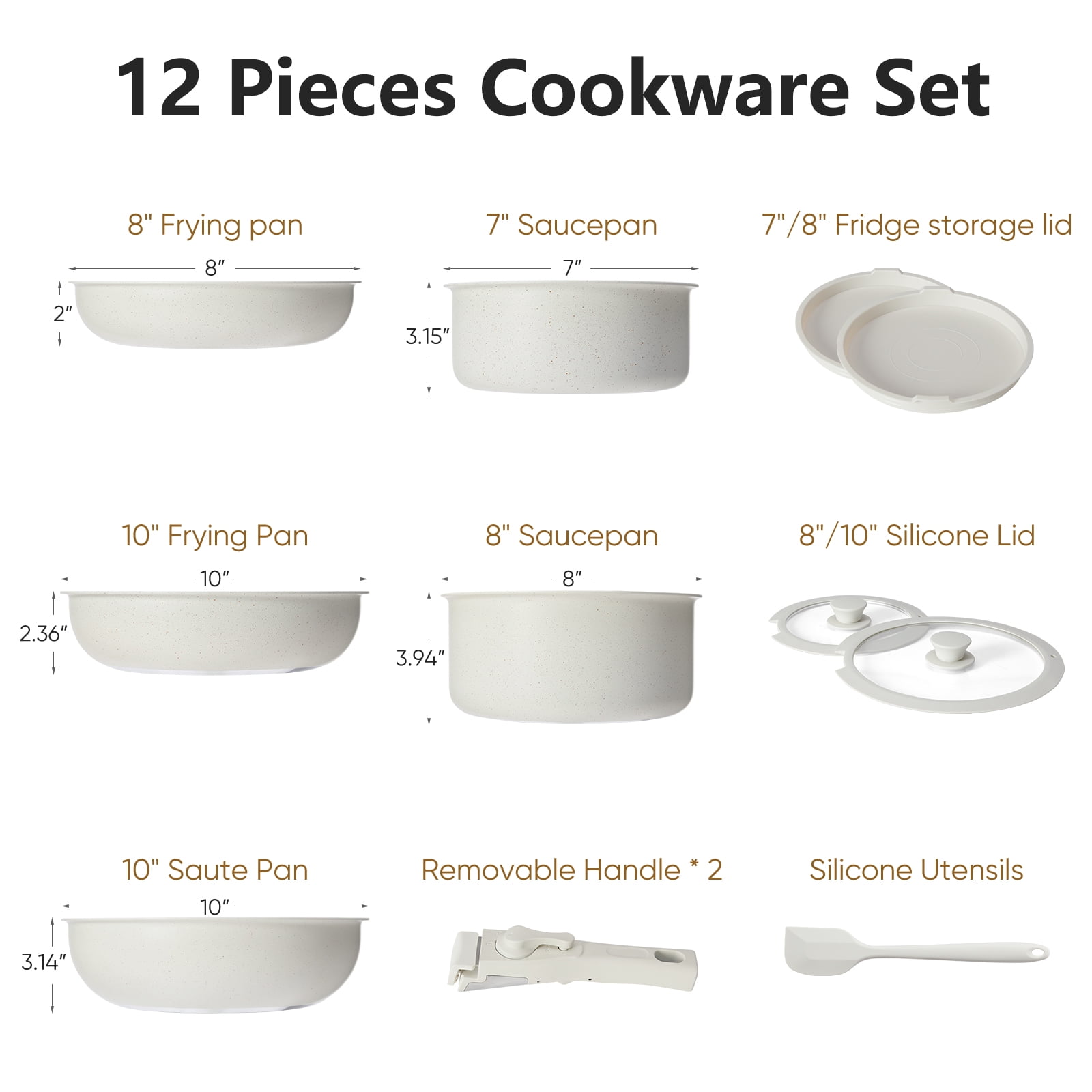 JOINSUN 12pcs Non-Stick Cookware Set, Pots and Pans Set with Detachable Handle for Kitchen Dining, Beige