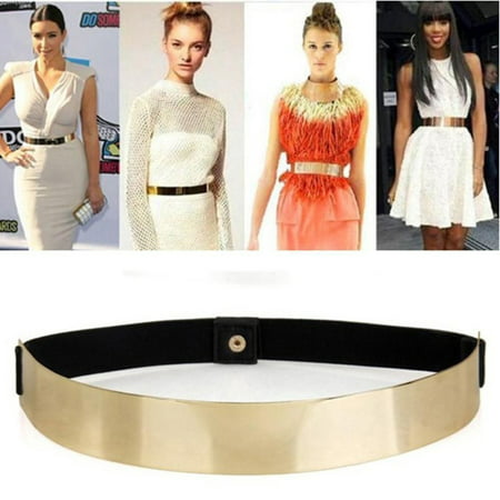 Fashion Women Elastic Metal Waist Belt Metallic Bling Gold Plate slim Simple Band