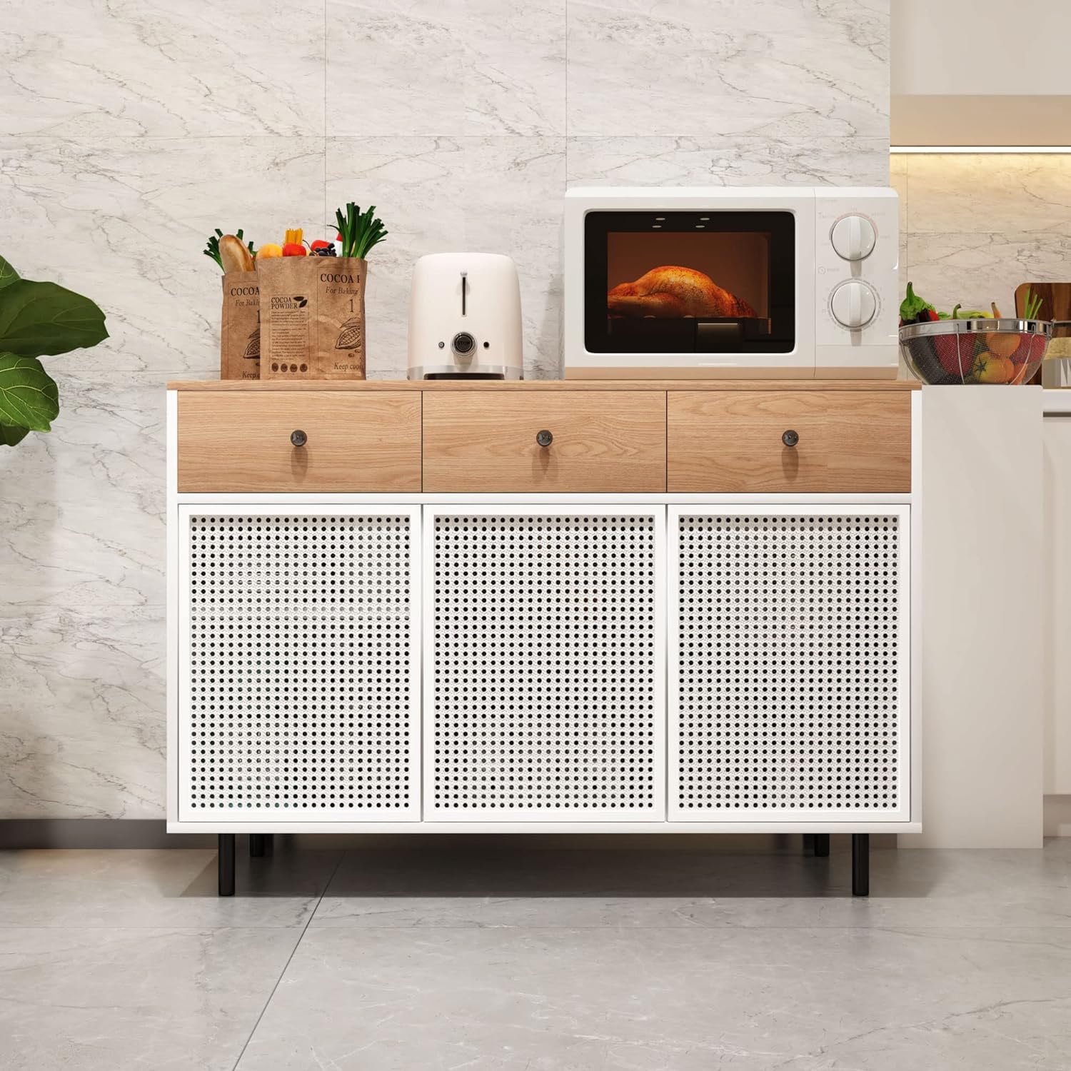 GVN Buffet Cabinet with Storage, 47.24" Rattan Storage Cabinet with Natural Wood Desktop, Kitchen Cabinet with 3 Drawers and 3 Doors, Storage Drawer File Cabinet GVN Buffet Cabinet with Storage, 47.24" Rattan Storage Cabinet with Natural Wood Desktop, Kitchen Cabinet with 3 Drawers and 3 Doors, Storage Drawer File Cabinet