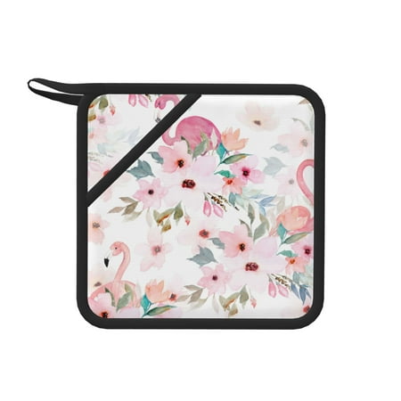 

1 Pc Silicone Anti-Hot Hot Pads Oven Mitts Heat Resistant Pot Holders With Pockets Non Slip Oven Glove Potholder For Kitchen Cooking Bbq Baking 7.1in Watercolor Floral Print Flamingo