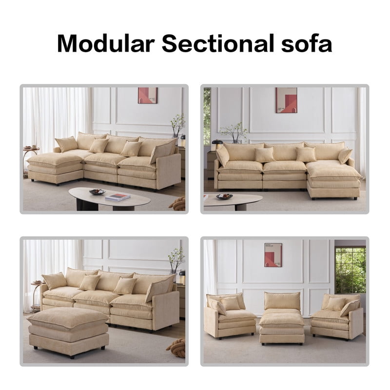105" Modular Sectional Couch, 3-Seater Soft Chenille L-Shaped Sofa with Ottoman, Upholstery Sofa Couch with Pocket Coil & High-Density Foam for Living Room