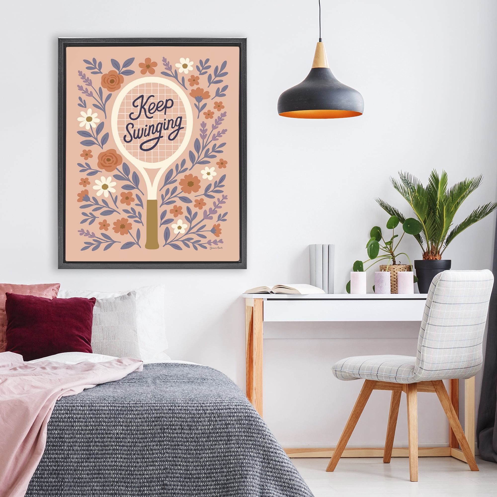 Stupell Industries Keep Swinging Floral Tennis Black Framed Floater Canvas Wall Art, design by Jessica Beck