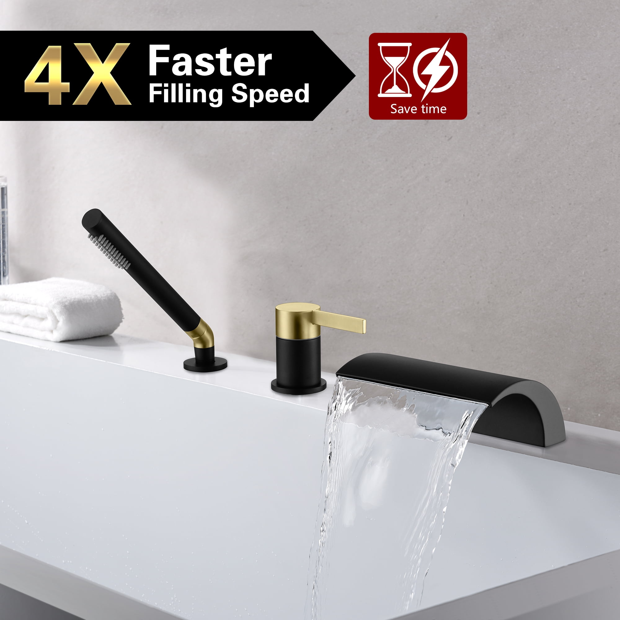 SUMERAIN 3 Hole Roman Tub Faucet with Hand Shower, High Flow Waterfall Tub Filler Black and Gold Finish