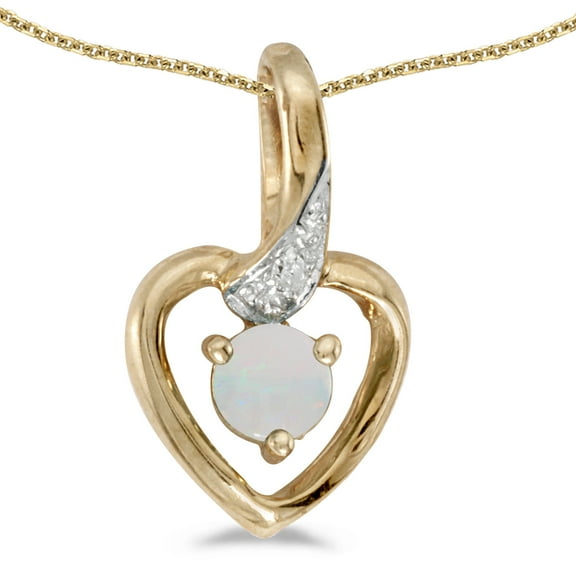 10k Yellow Gold Round Opal And Diamond Heart Pendant with 16" Chain
