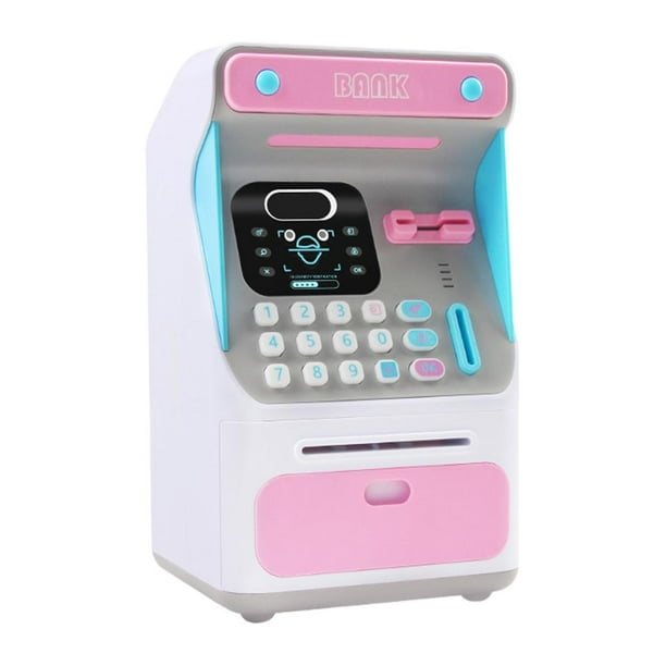 Cajero automático electrónico con reconocimiento facial, alcancía, contraseña, monedas, efectivo, máquina de juguete Rosa