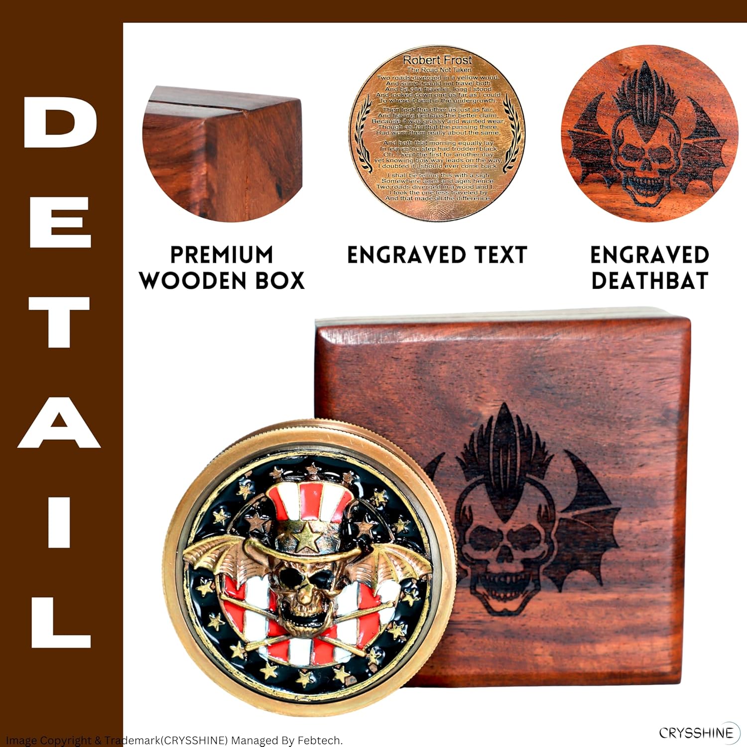 Navy Collection Compass with Wooden Box Skull and Deathbats Engravings | Antique Finish Collectors' Item with Compass Lid and Unique Patriotic Design
