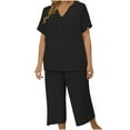 thumbnail image 2 of Women's Plus Size Lounge Set - V Neck Tunic & Capri Pants | Summer Comfy Casual Matching Pajama Two Piece Outfit Solid Color, 2 of 7