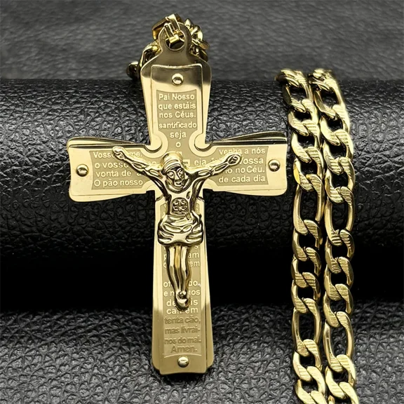 Christian Jesus Cross Necklace for Men 14K Yellow Gold Bible Crucifix Necklaces Prayer Baptism Gifts Jewelry