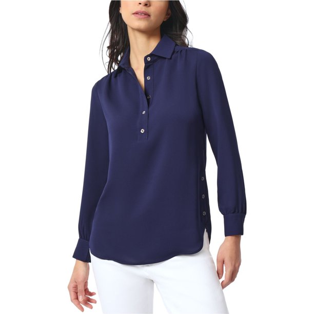 Jones New York Womens Tulip Hem Button Down Blouse, navy, Petite, P/PS