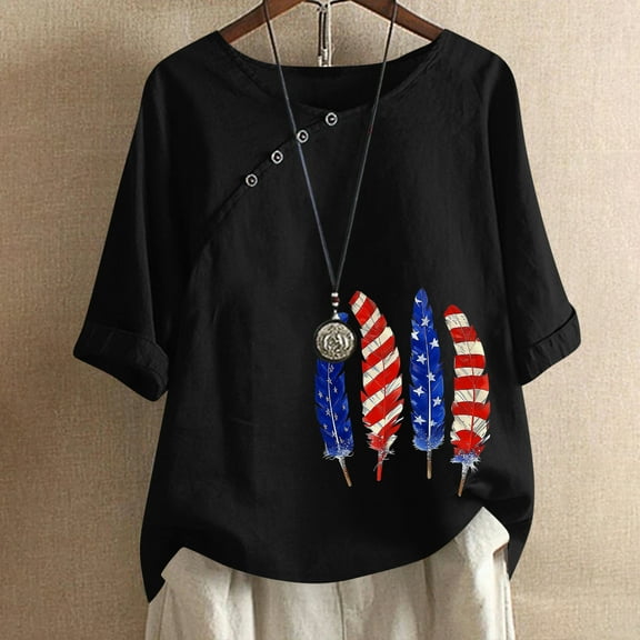 ZHUGeLI 4th of July Shirt for Women Women's Cotton And Linen Printed T-shirt For Slimming And Casual Personality Printing Top For Women's Clothing, American Flag Patriotic Shirts 2024