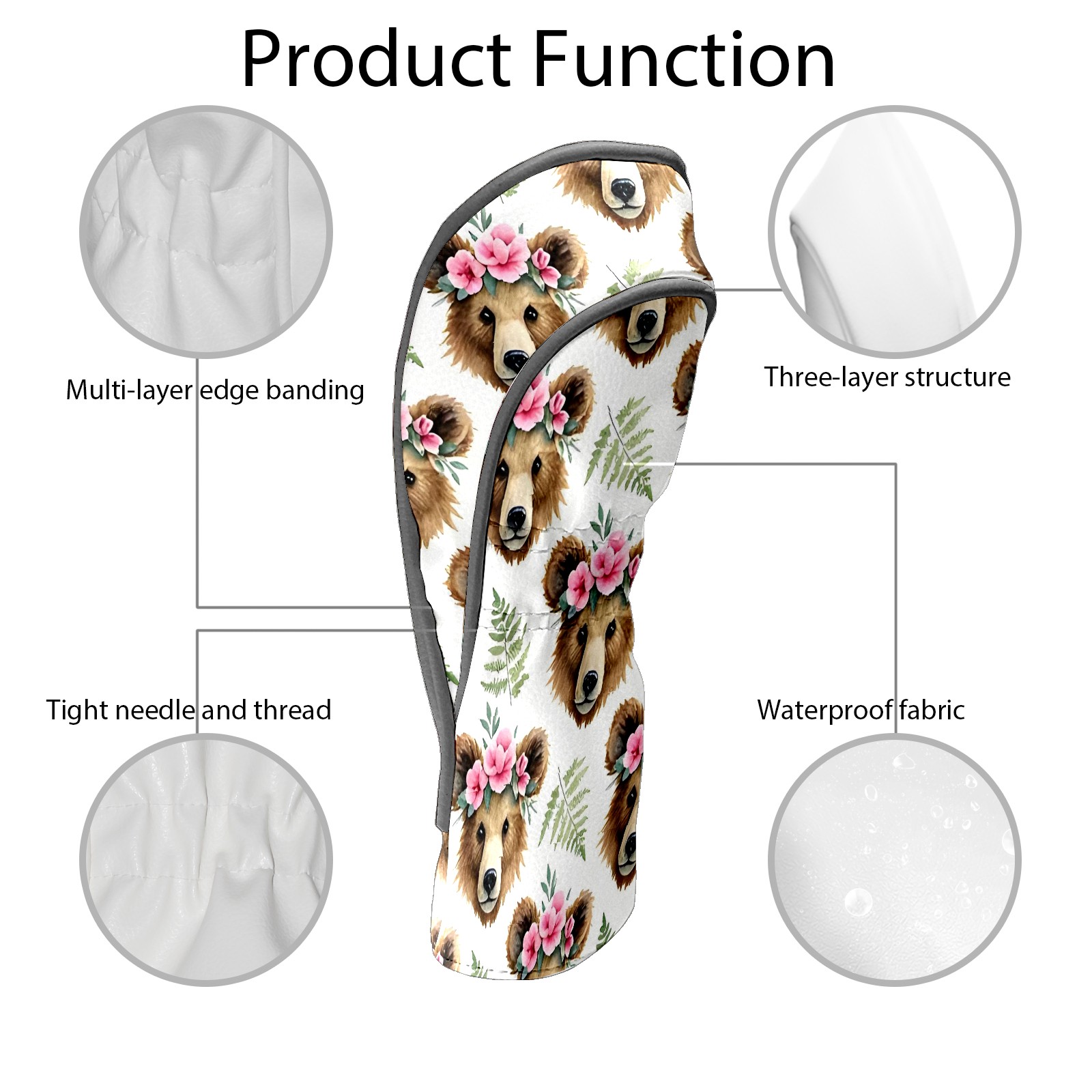 Golf Club Covers, Brown BearFlower Premium PU Leather Driver Hybrid Putter Head Covers with Velvet Lining, Waterproof Golf Gifts for Men Women