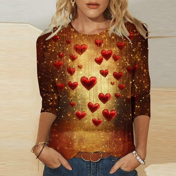 Cadancy Valentine Tshirts for Women 3/4 Sleeve Casual Heart Print Crewneck Plus Size Shirts Pullover Casual Loose Cute Trendy Tunic Tops Valentines Day Outfits