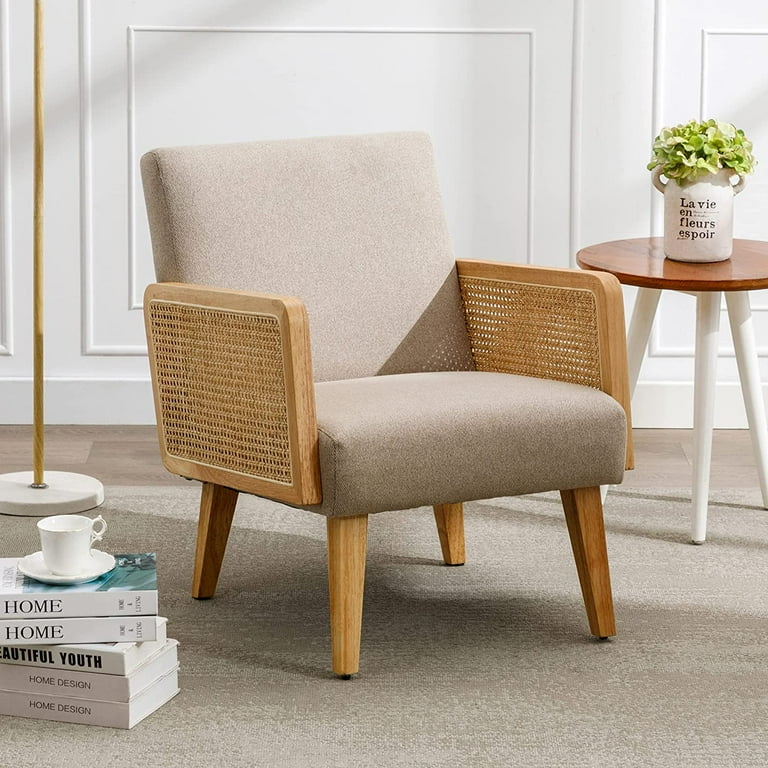 Duhome Mid Century Modern Rattan Accent Chair Fabric Armchair with Wood Frame Small Reading Chair Single Sofa for Bedroom Living Room Beige Walmart