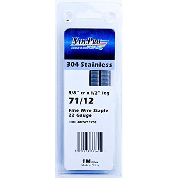 NailPRO 71/12SS 22 Ga 1/2" Leg x 3/8" Crown Stainless Steel Fine Wire Staples, 1000 Count (1/2" Leg)