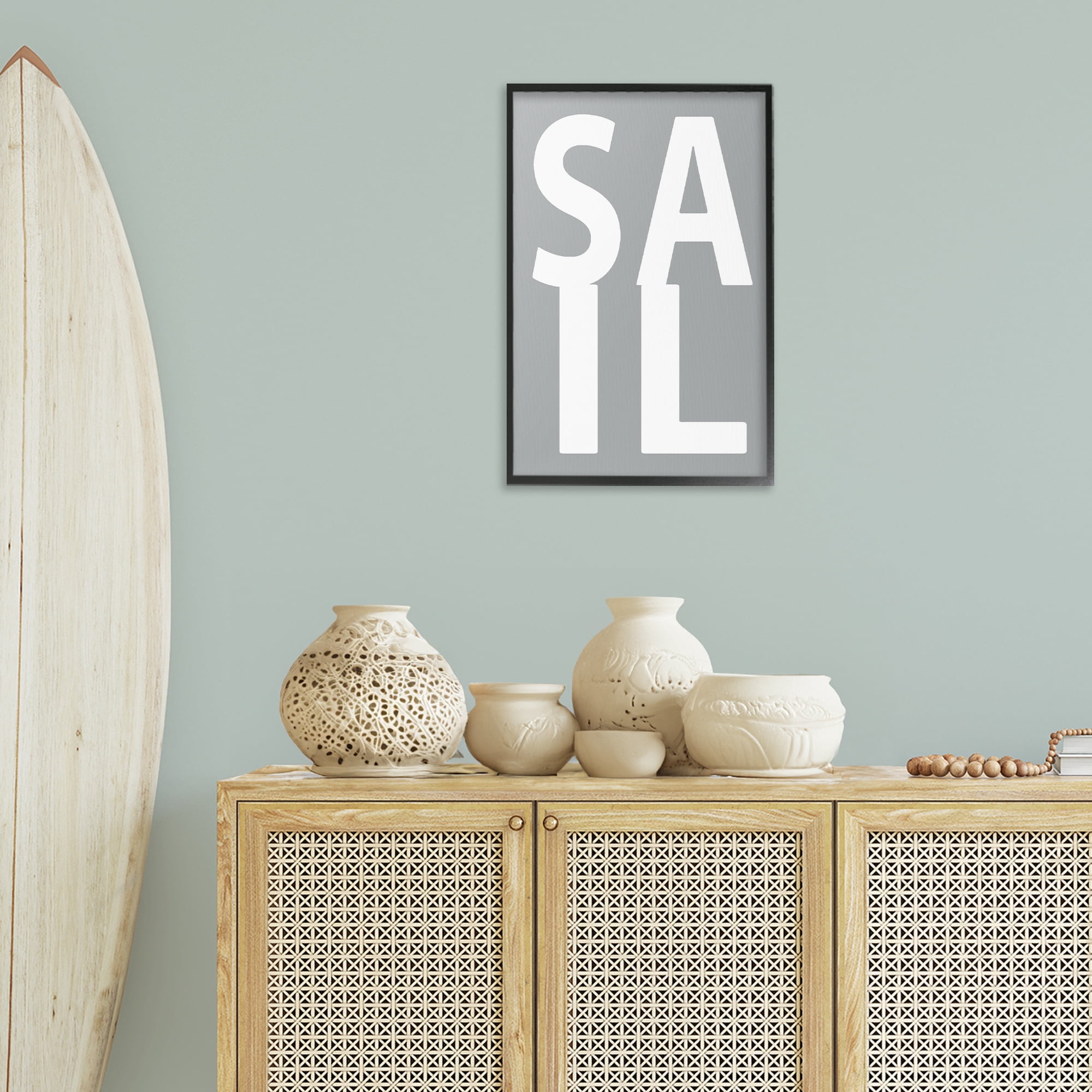 Stupell Industries Sail Word on Grey Typography Painting Black Framed Art Print Wall Art, 16 x 24