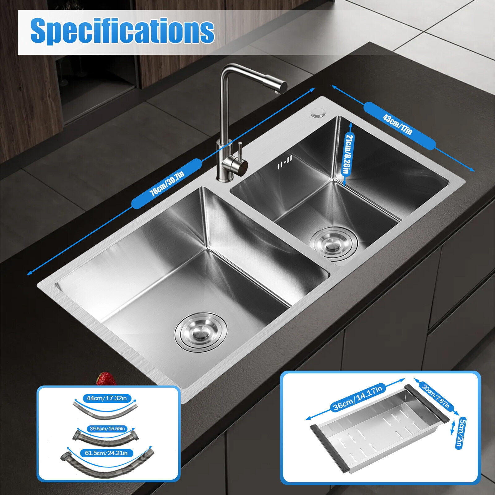 Stainless Steel Drop-in Kitchen Sink, Double Bowl Sink with Drain Basket for Laundry Rooms, Basement
