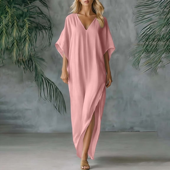 WXLWZYWL Women's Cotton and Linen Sleeveless Long Dress with Pocket Summer Loose and Comfortable 3/4 Sleeve Solid Casual Dress