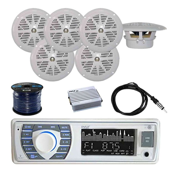 Pyle Bluetooth Marine Stereo Receiver(White) w/Pyle Waterproof Stereo Speakers (White) (3-Pairs), Pyle 4 Chan.Marine Amplifier, Enrock EKMR2 Marine Antenna, Enrock Audio 50 Foot 16-G Speaker Wire