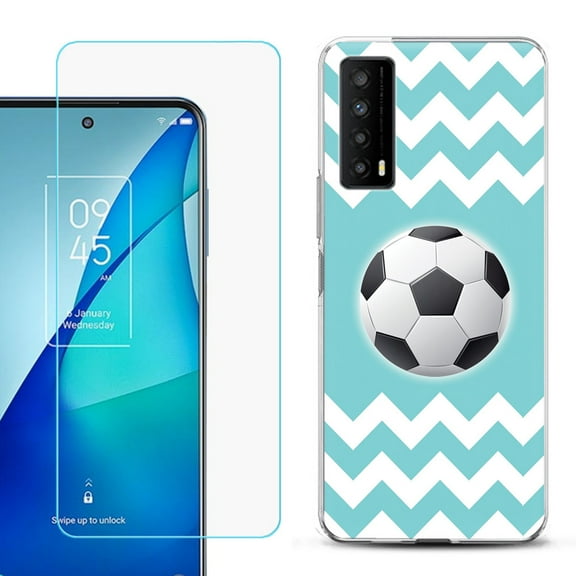 Slim-Fit Gel TPU Phone Case for TCL Stylus 5G, with Tempered Glass Screen Protector, by OneToughShield ® - Chevron/Soccer