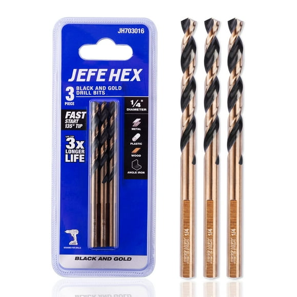1/4" High Speed Steel Black & Gold Coated Drill Bit, Jobber Length with 3-Flat Shank, 135 Degree Split Point. Ideal for Steel, Wood and Plastics. Suitable for DIY & General Purpose Usage. (3 pcs)