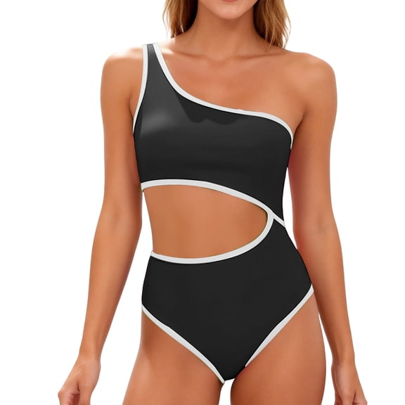 Women's One Piece Swimsuit One Shoulder Bathing Suit Cutout Tummy Control Swimwear White 2XL