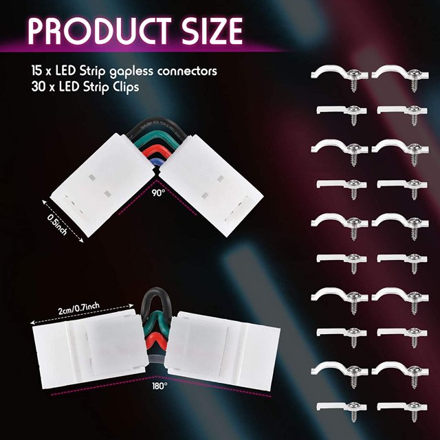 15 piezas en forma de L de 4 pines RGB conector puente de luz RGB 5050 conector de tira de luz 0.394 in sin cable conector Gapless y 30 juegos de clips de tira para tira de luz RGB 5050