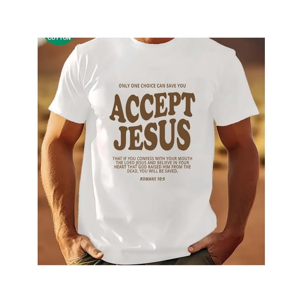 Camiseta Gráfica de algodon 100% para Hombre 'acepta a Jesús' - Cuello Redondo Casual, Manga Corta, Transpirable y Lavable a Máquina, Negra