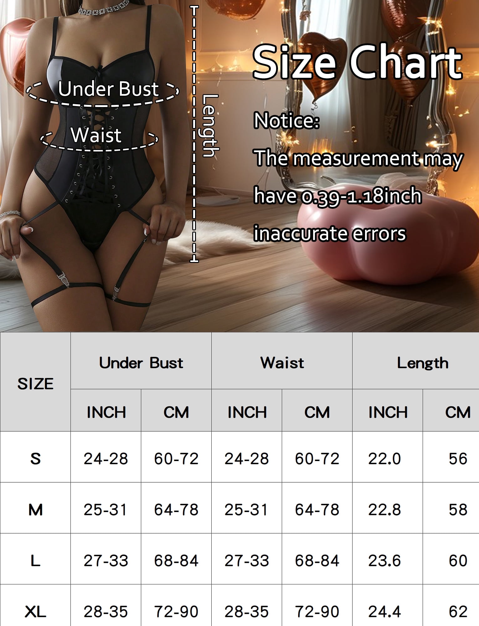 Ausing Womens Leather PU Teddy Lingerie Lace Up Garter Belt Mesh Patchwork One Piece Bodysuit Babydoll Clubwear Black XL
