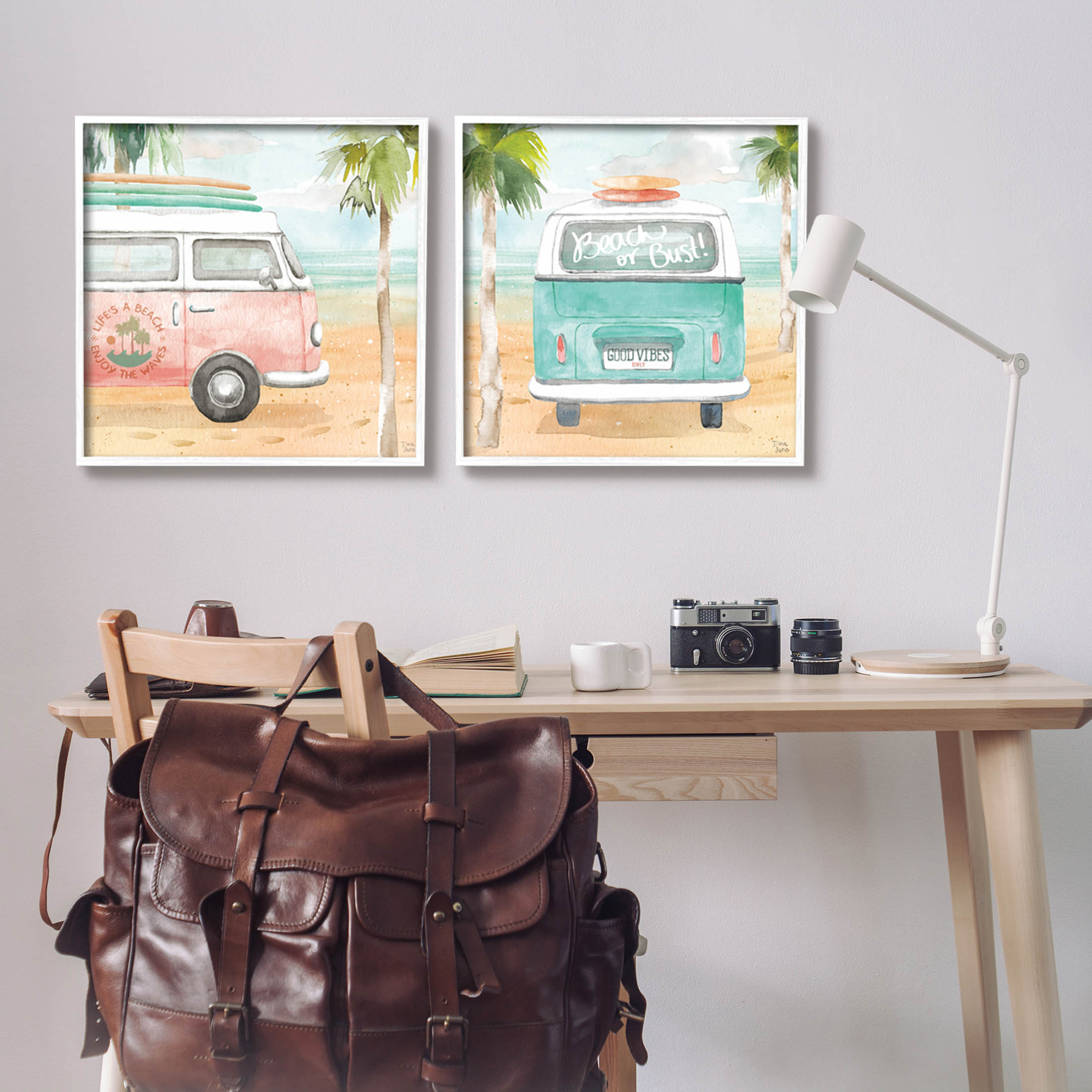 Stupell Industries Tropical Beach Vacation Van Painting White Framed Art Print Wall Art, Set of 2, Design by Dina June
