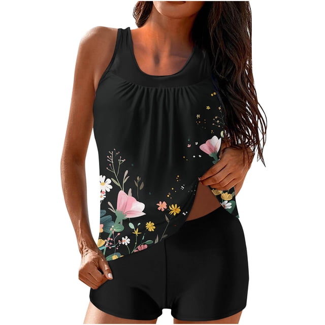 Trajes de Baño Modestos para las Mujeres Traje de Baño de Eslinga de Impresión de Hojas de Flores Multicolores, Cintura Alta Y Tops de Traje de Baño de Apoyo para las Mujeres
