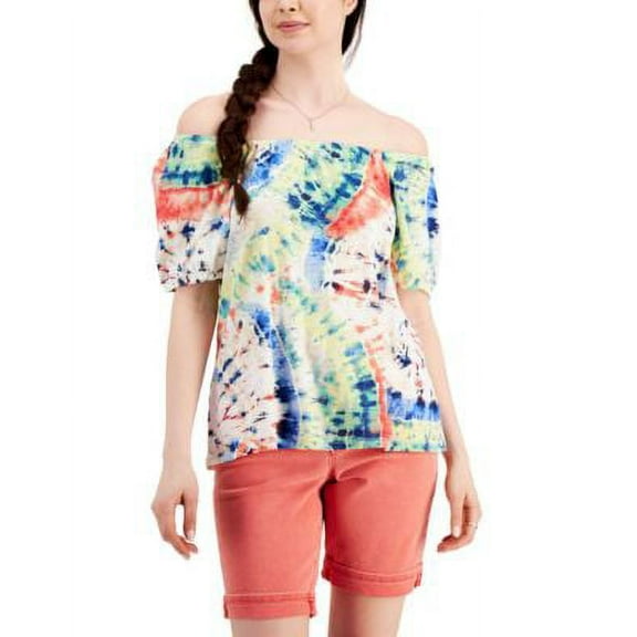 MSRP $40 Style & Co Womens Printed Peasant Top White Size Large