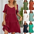 thumbnail image 7 of 2024 Summer Women's Dress Casual V Neck Babydoll Three Layer Pleated Dress, 7 of 7