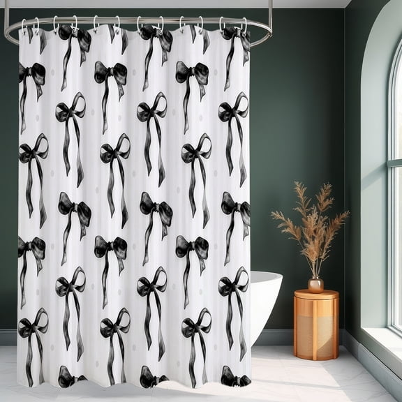 Annvchi Black Bow Pattern Shower Curtain, 72 x 72 Inch Fabric Bathroom Curtain with 12 Hooks, Modern Minimalist Polka Dot Design