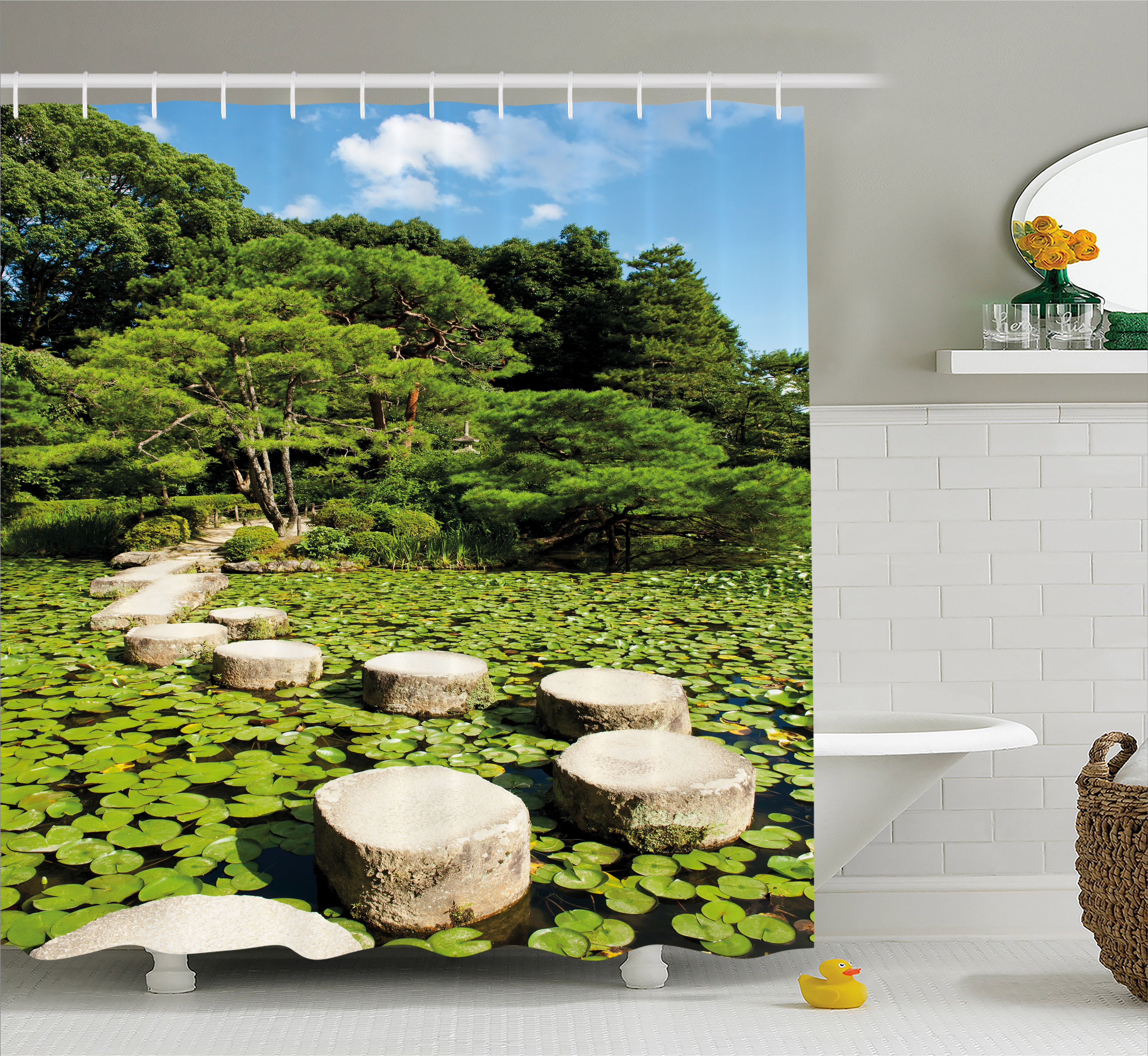 Zen Shower Curtain, Stone Path in Japanese Garden Lake with Lotus