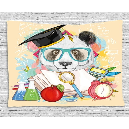 Art Glass Hanging (Animal Tapestry, Panda Goes to School Humor Education Hipster with Glasses Books Pen Graphic Art, Wall Hanging for Bedroom Living Room Dorm Decor, 60W X 40L Inches, Multicolor, by)