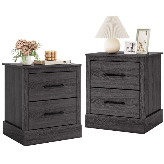 Gymax Set of 2 Drawer Nightstand Bedside Table Compact Sofa End Table Oak Dark Grey