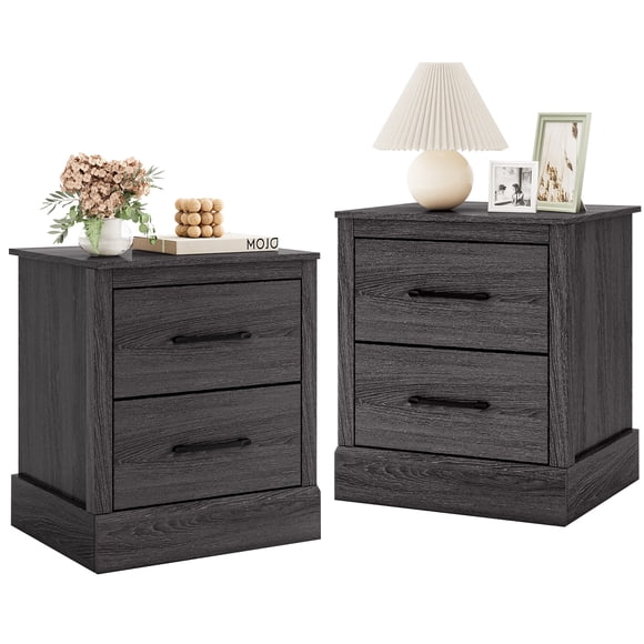 Gymax Set of 2 Drawer Nightstand Bedside Table Compact Sofa End Table Oak Dark Grey