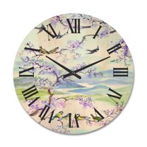 Designart 'Birds Sitting On Cherry Branch' Traditional Wood Wall Clock