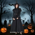 thumbnail image 4 of Vestido de manga larga con encaje de color liso para mujer, conjunto de sombrero y cinturón para Halloween, vestido de cosplay de poliéster para mujer, 4 of 9