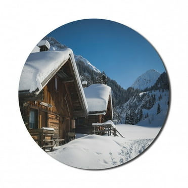 Winter Mouse Pad for Computers, Wooden Houses on Austrian Mountains Snowy Forest Cottage Holiday Destination, Round Non-Slip Thick Rubber Modern Mousepad, 8" Round, Brown Blue White, by Ambesonne
