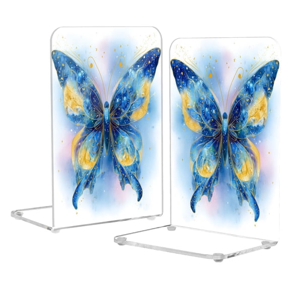 2Pack Acrylic Bookends Clear L-Shaped Book Holders with Non-Slip Pads Sturdy Durable Book Stoppers for Shelves, Office, School, Library, Home Desk Decor Midnight Sapphire Butterfly