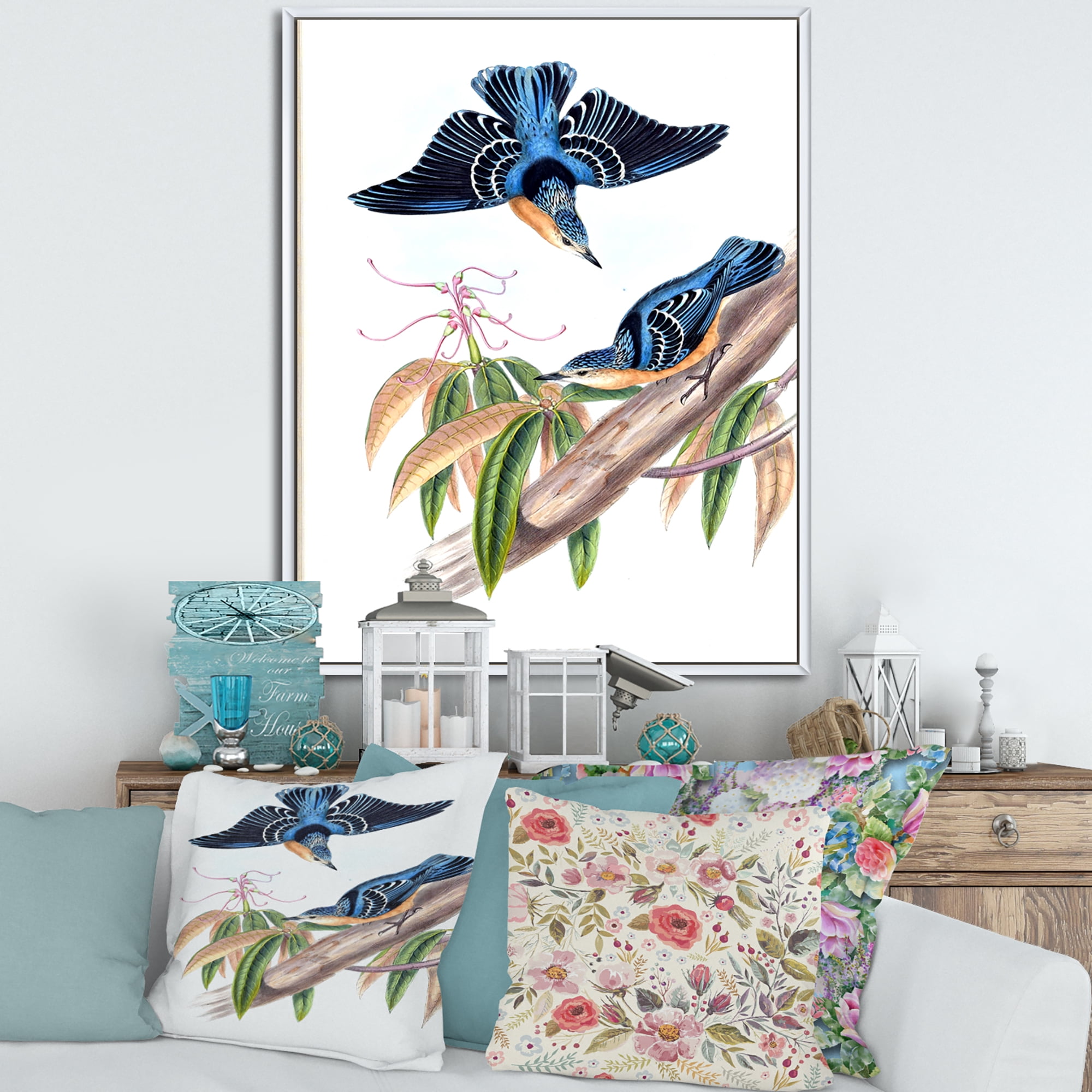 Designart 'Vintage Countryside Birds On Branch V' Farmhouse Framed Canvas Wall Art Print