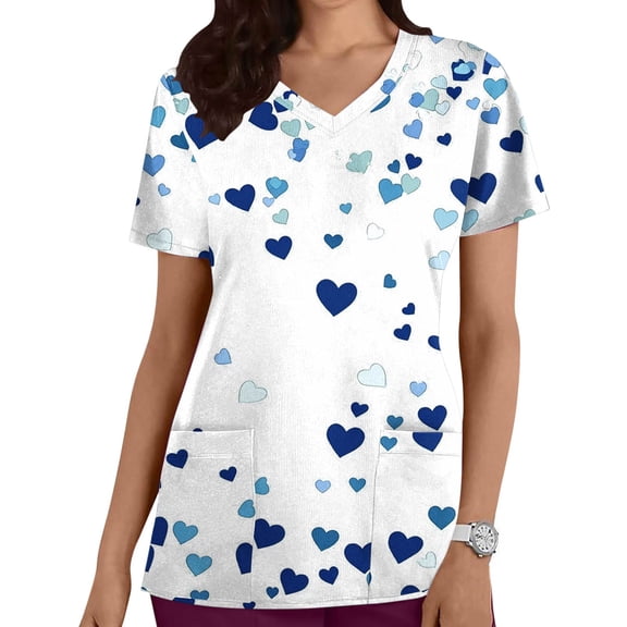Scrub Top for Women V Neck Short Sleeve Breathable Fabric Functional Pockets Red Heart And Polka Dot Pattern Nursing Uniform Working Top